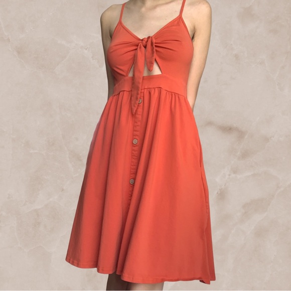 Orange V-neck Tie Knot Front Spaghetti Strap Sundress With Pockets - Picture 1 of 3